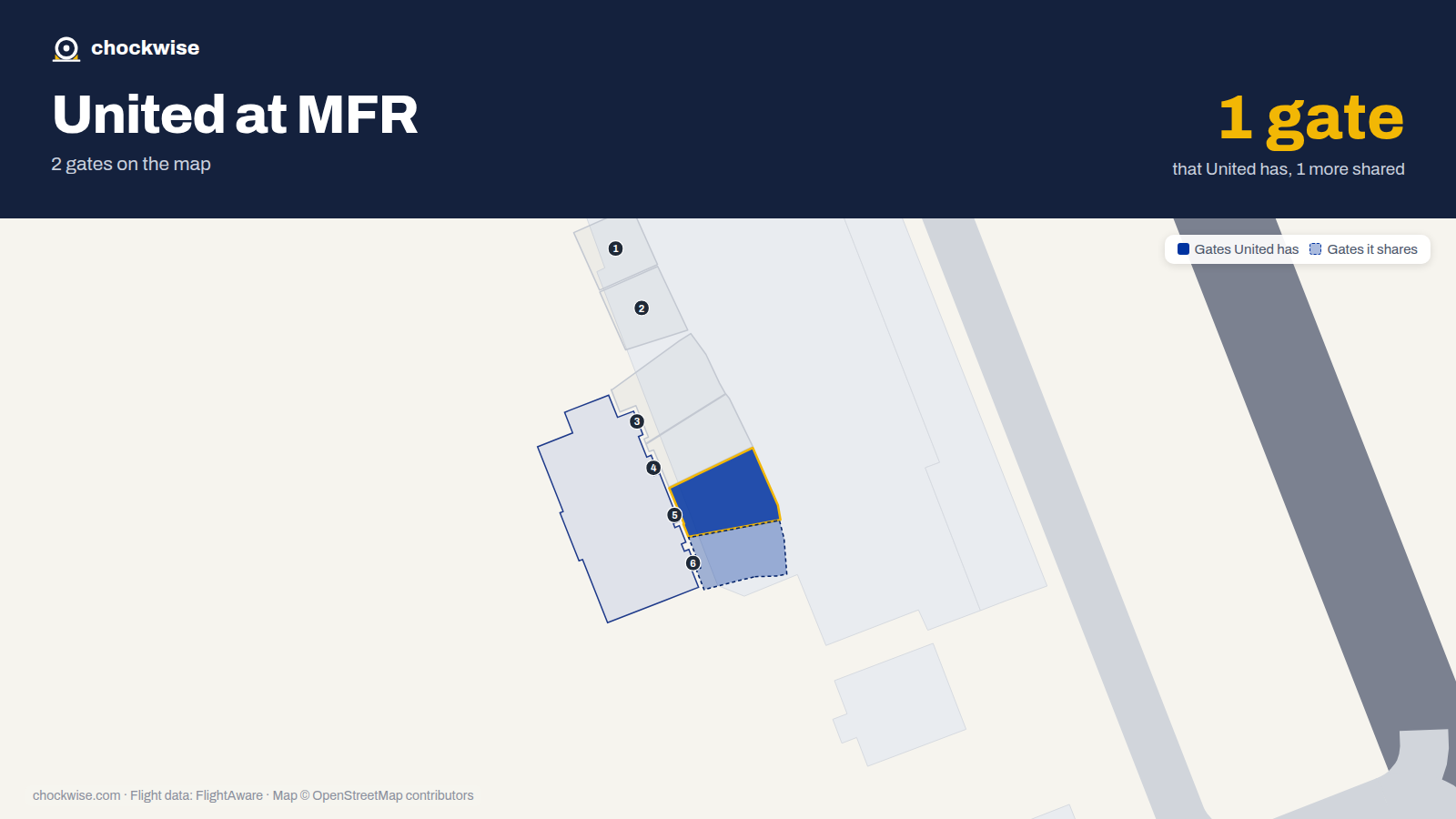 Map of MFR with the gates United Airlines uses highlighted: 5.