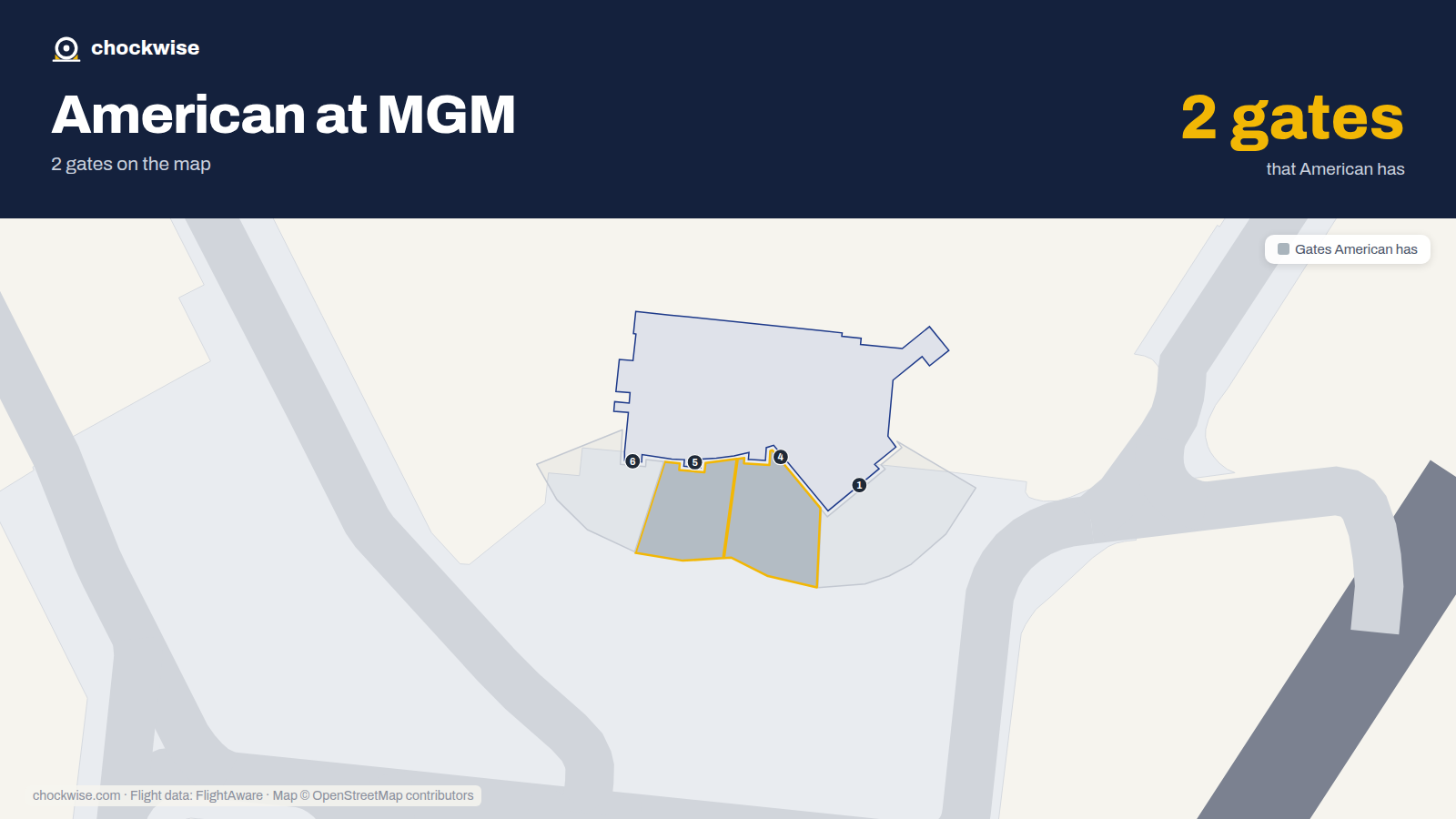 Map of MGM with the gates American Airlines uses highlighted: 4 and 5.