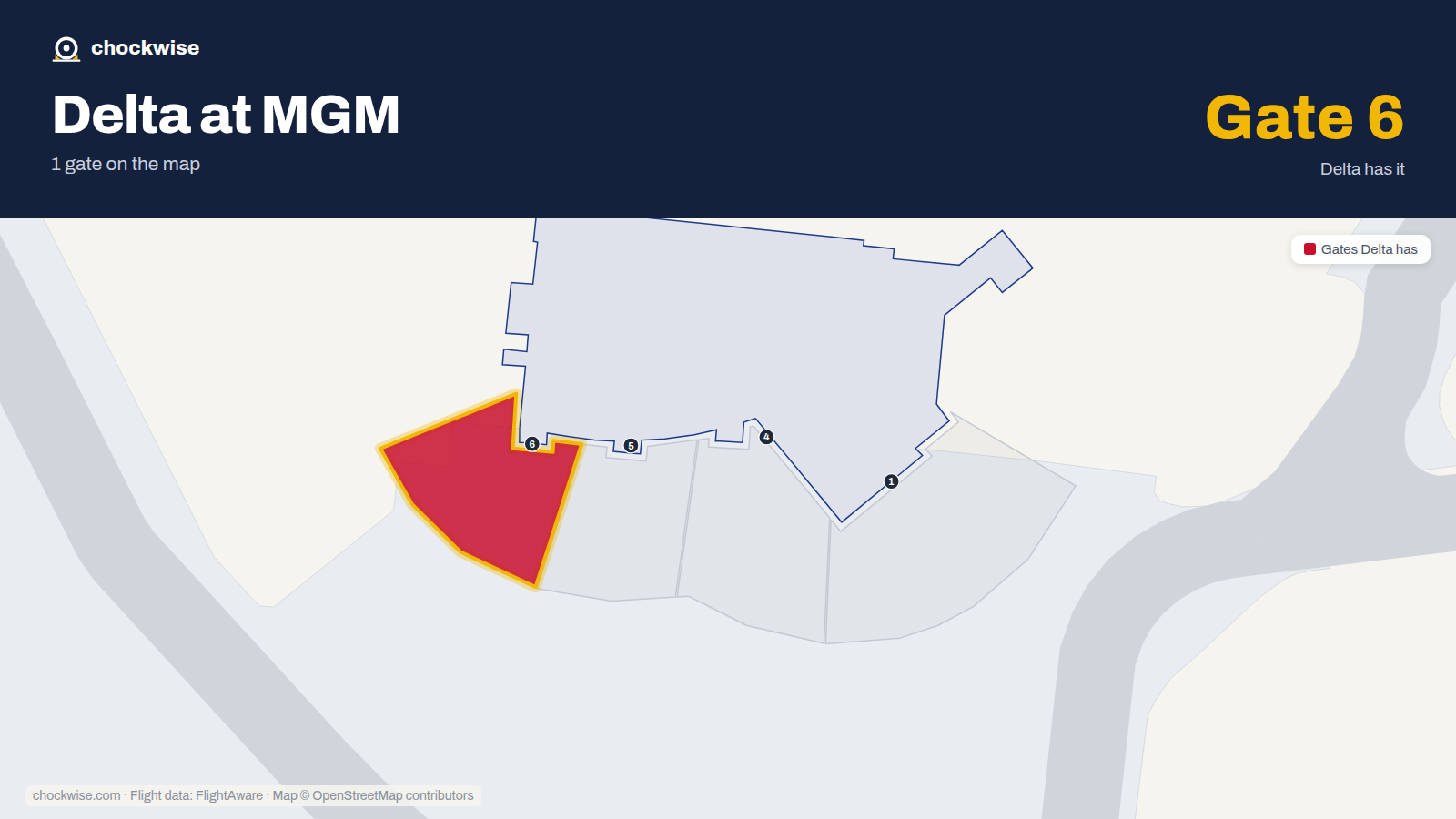 Map of MGM with the gates Delta Air Lines uses highlighted: 6.