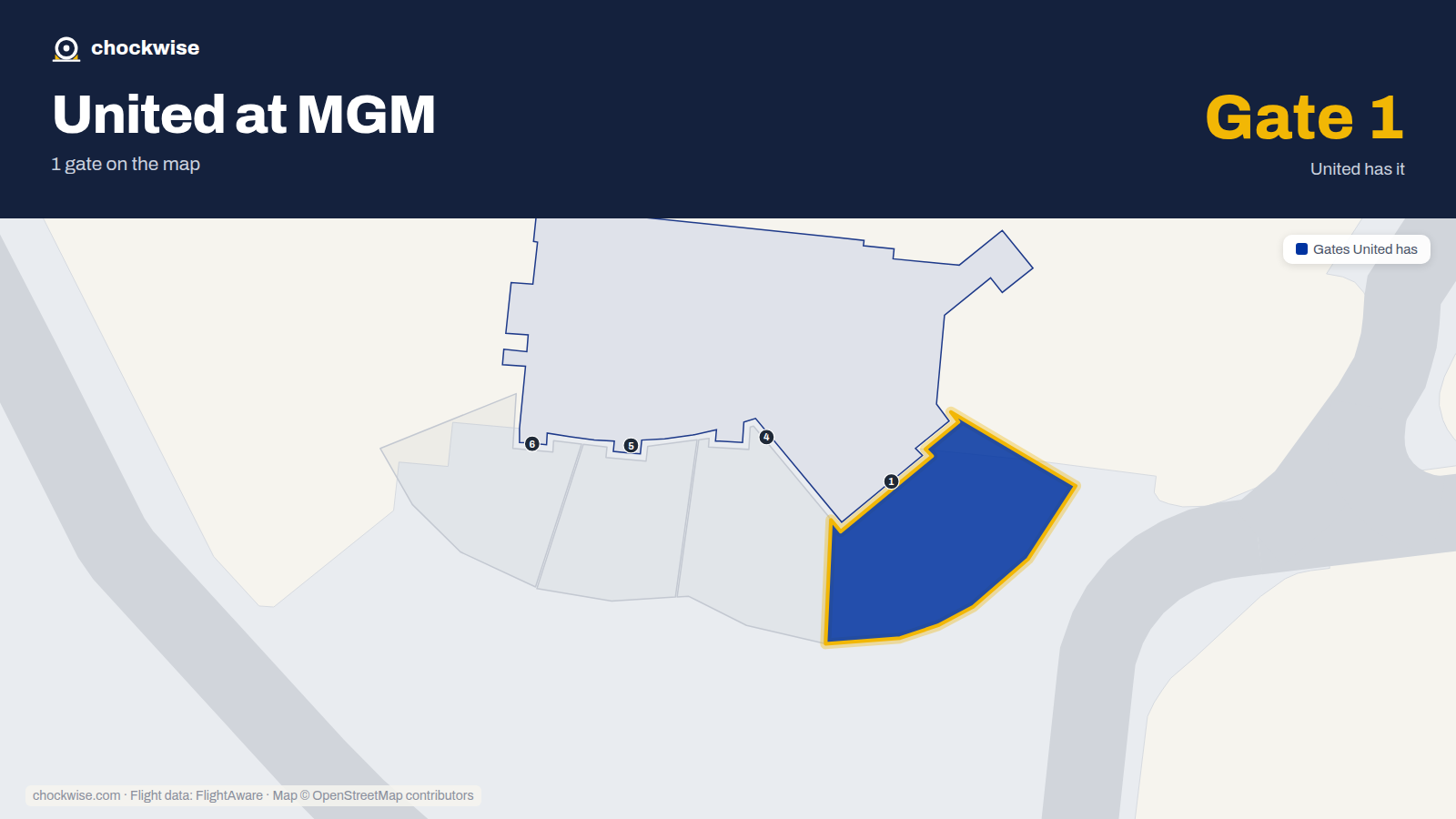 Map of MGM with the gates United Airlines uses highlighted: 1.