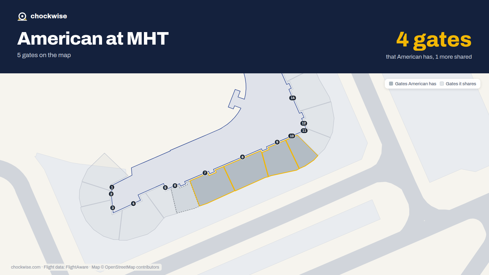 Map of MHT with the gates American Airlines uses highlighted: 7, 8, 9 and 10.