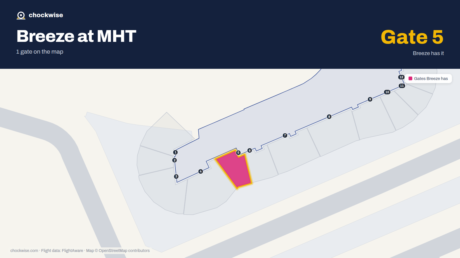 Map of MHT with the gates Breeze Airways uses highlighted: 5.