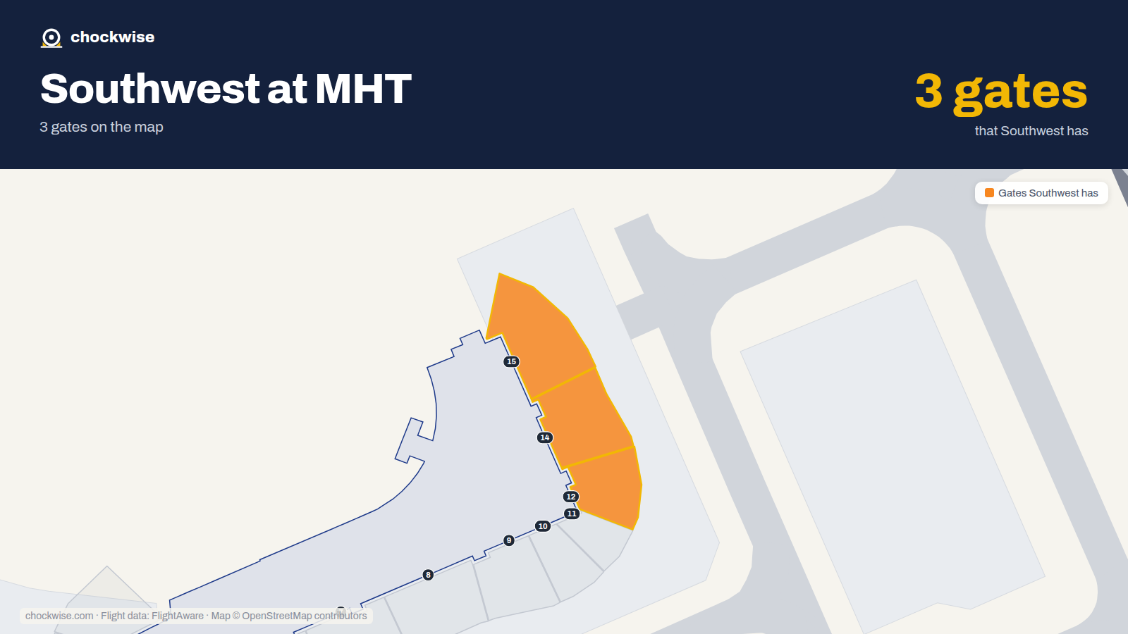 Map of MHT with the gates Southwest Airlines uses highlighted: 12, 14 and 15.