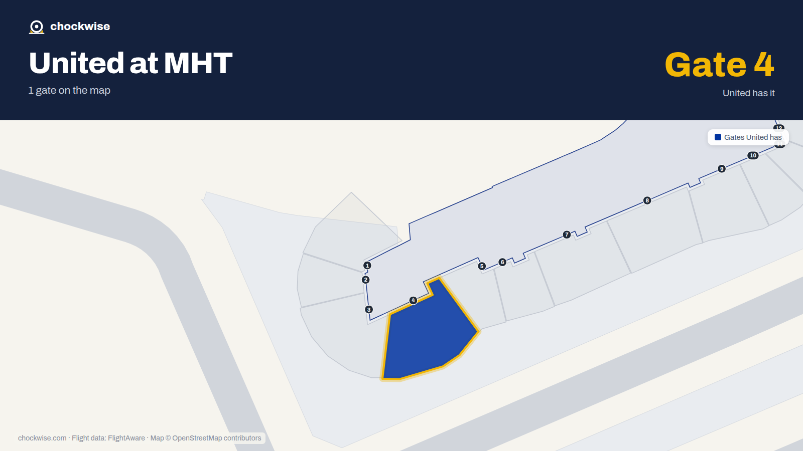 Map of MHT with the gates United Airlines uses highlighted: 4.