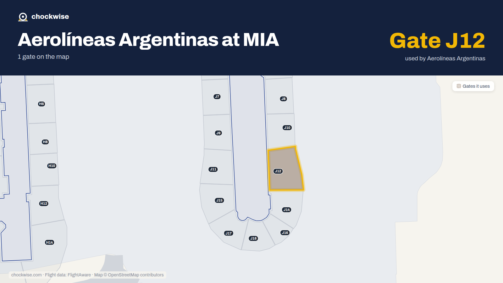 Map of MIA with the gates Aerolíneas Argentinas uses highlighted: J12.