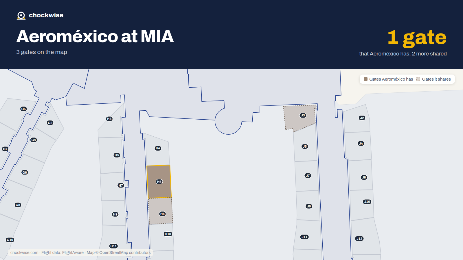 Map of MIA with the gates Aeroméxico uses highlighted: H6.