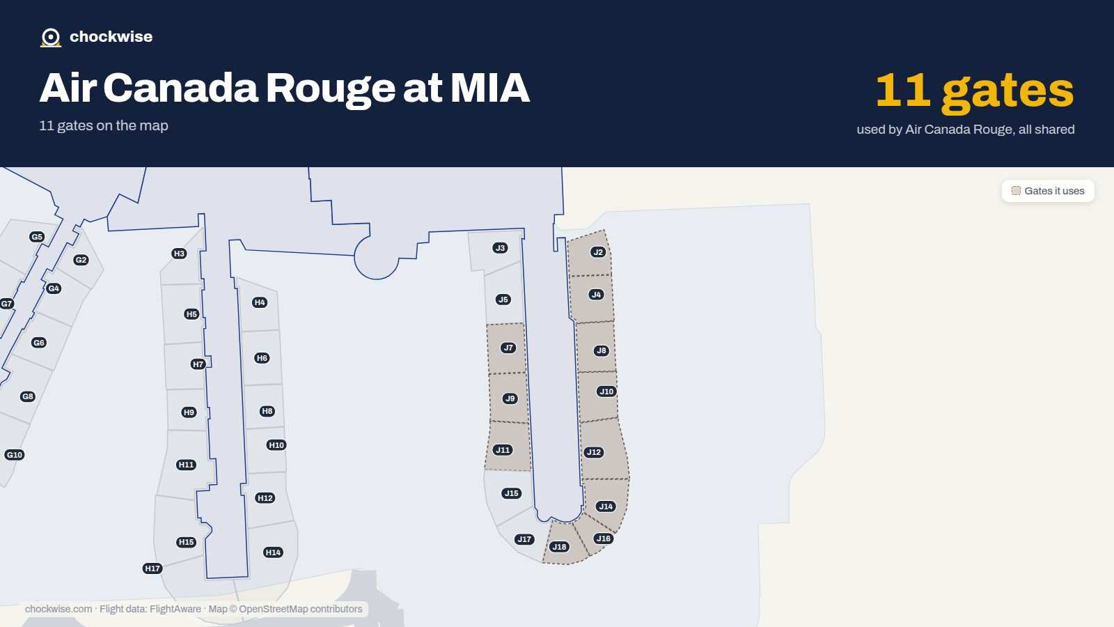 Map of MIA with the gates Air Canada Rouge uses highlighted: J2, J4, J7, J8, J9, J10, J11, J12 and 3 more.