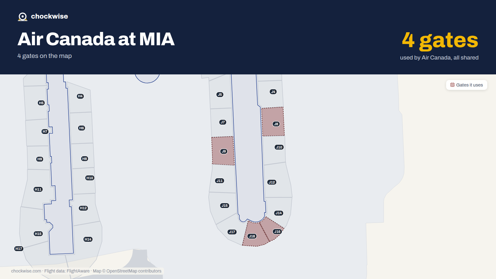 Map of MIA with the gates Air Canada uses highlighted: J8, J9, J16 and J18.