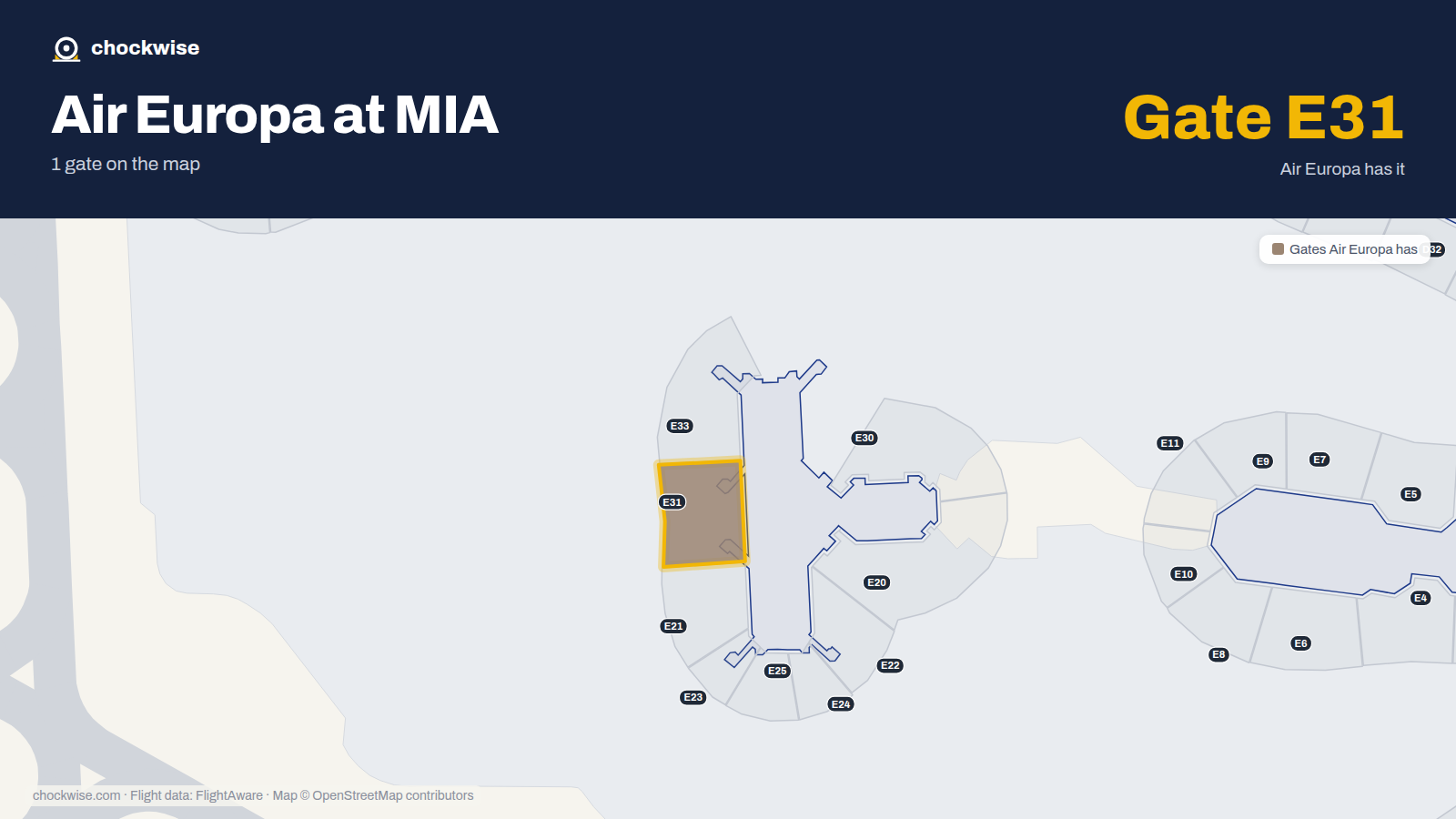 Map of MIA with the gates Air Europa uses highlighted: E31.