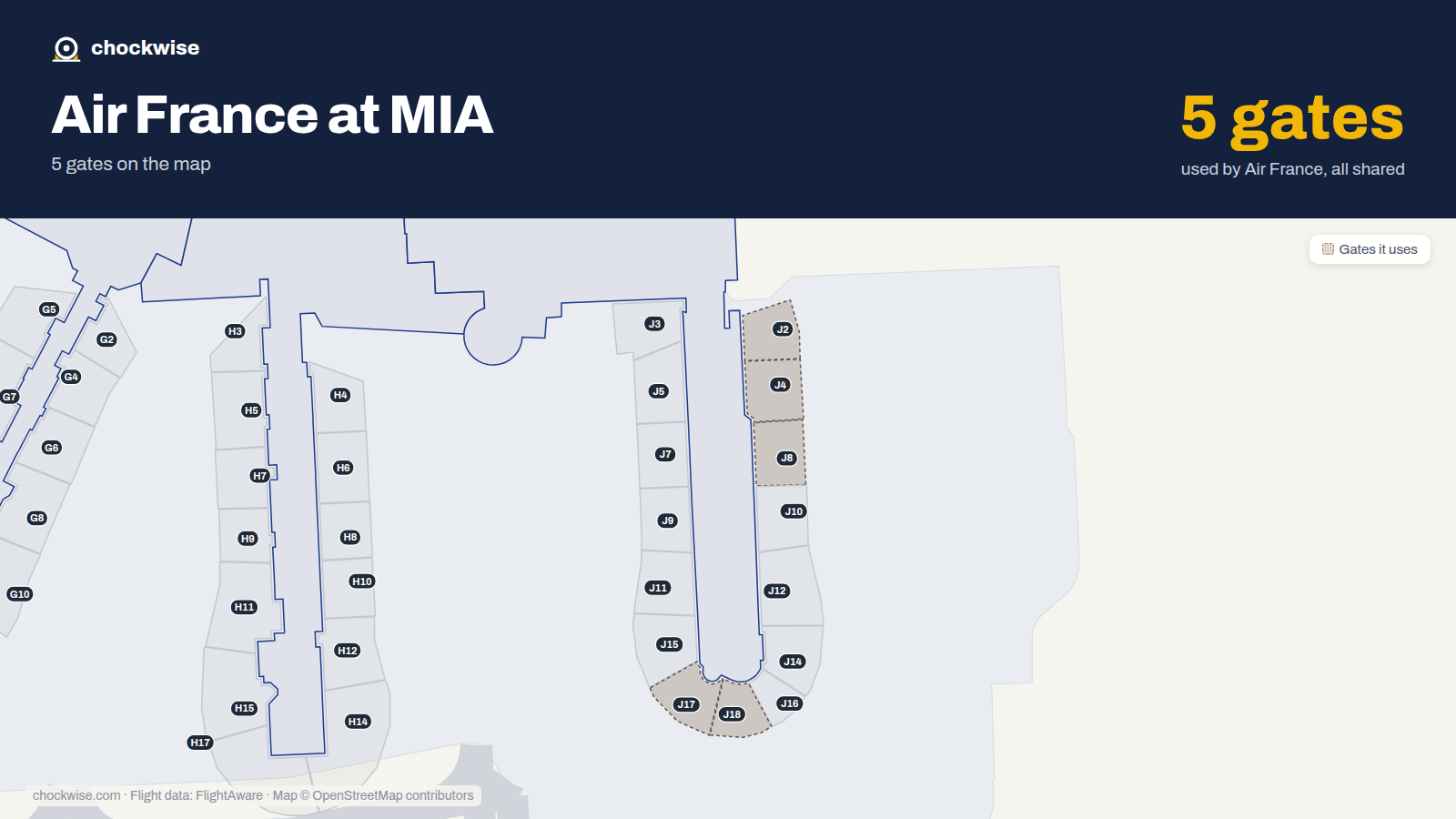 Map of MIA with the gates Air France uses highlighted: J2, J4, J8, J17 and J18.