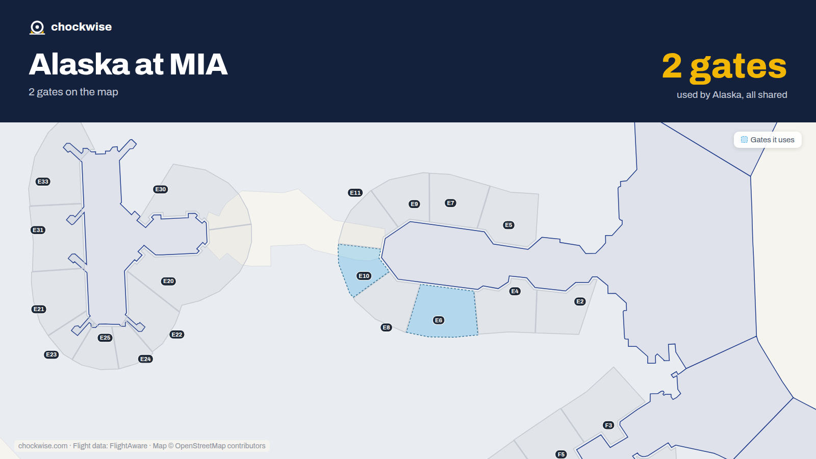 Map of MIA with the gates Alaska Airlines uses highlighted: E6 and E10.