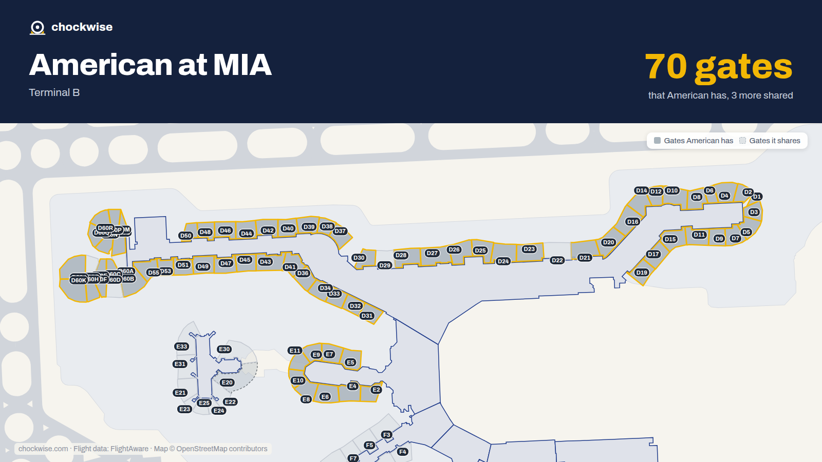 Map of MIA with the gates American Airlines uses highlighted: D1, D2, E2, D3, D4, E4, D5, E5 and 62 more.