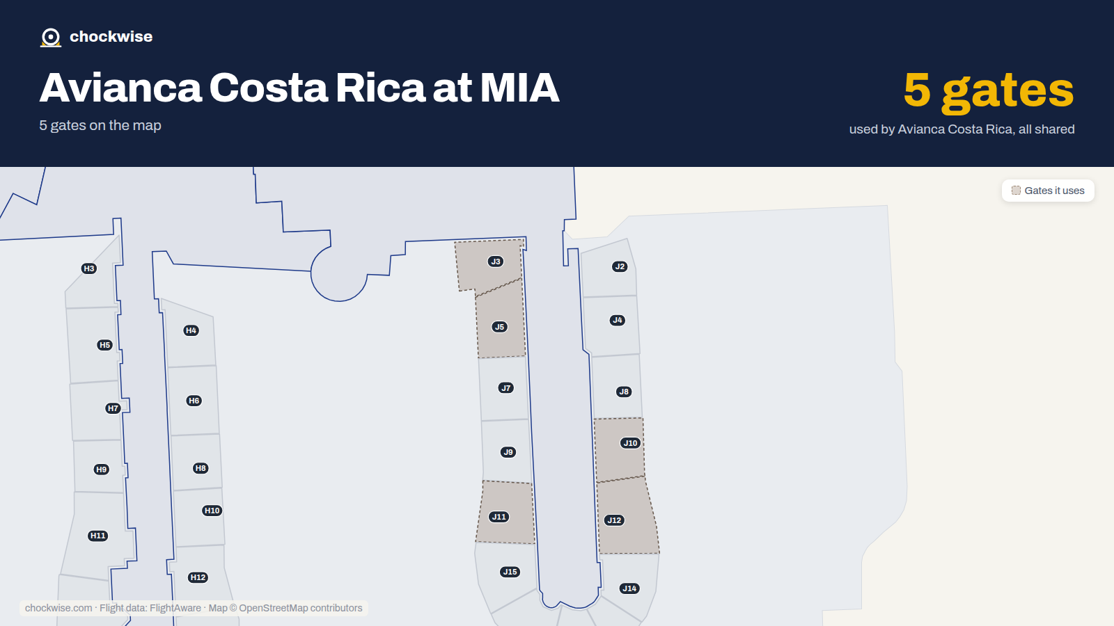 Map of MIA with the gates Avianca Costa Rica uses highlighted: J3, J5, J10, J11 and J12.