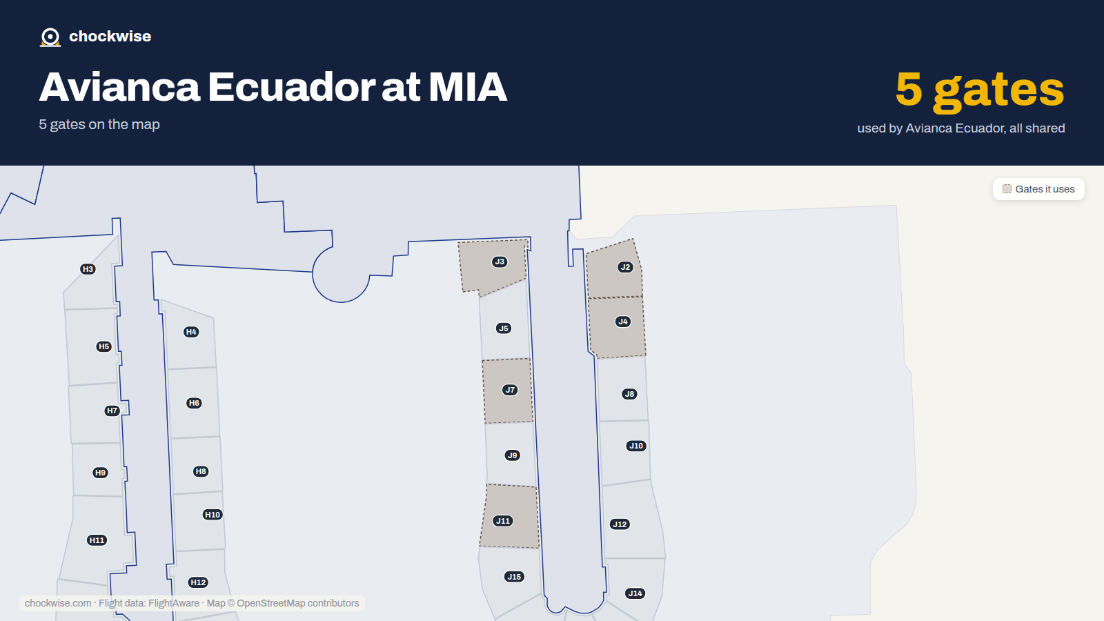 Map of MIA with the gates Avianca Ecuador uses highlighted: J2, J3, J4, J7 and J11.