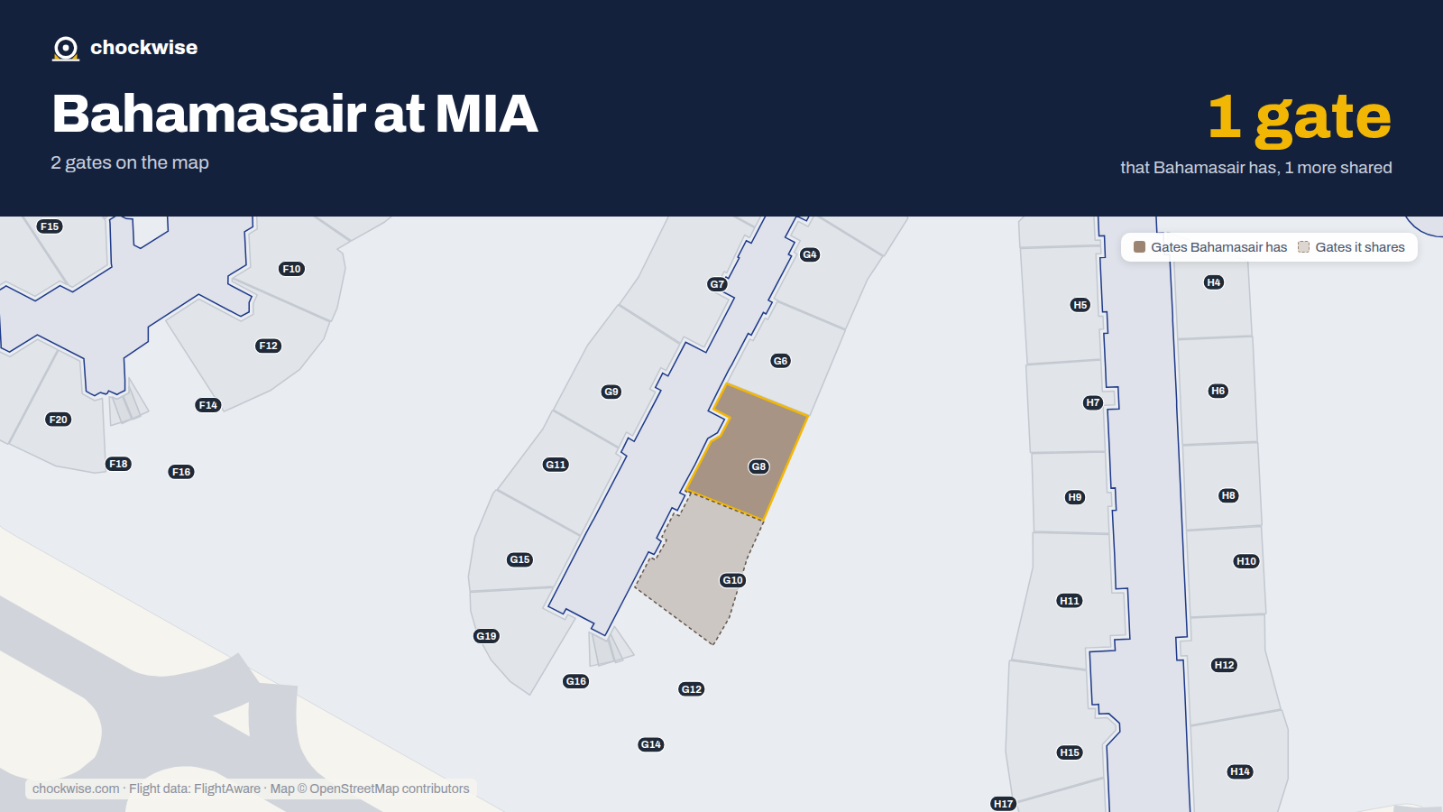 Map of MIA with the gates Bahamasair uses highlighted: G8.