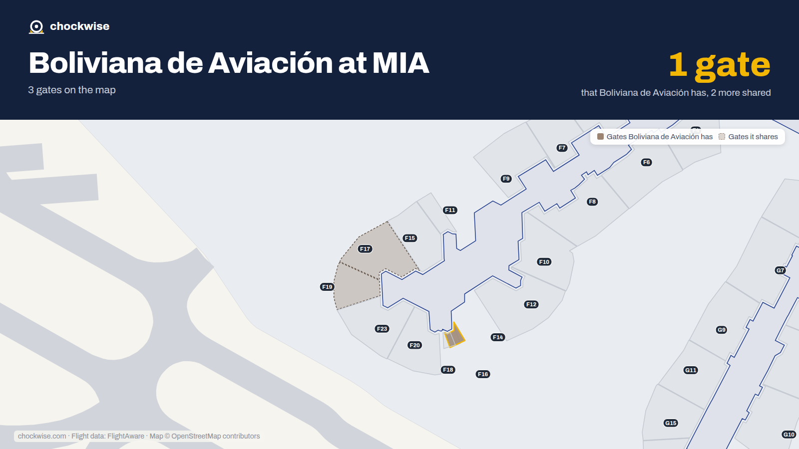 Map of MIA with the gates Boliviana de Aviación uses highlighted: F16.