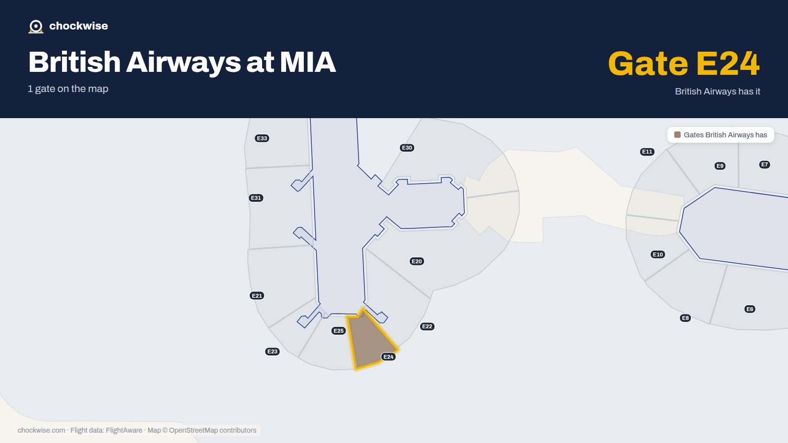Map of MIA with the gates British Airways uses highlighted: E24.