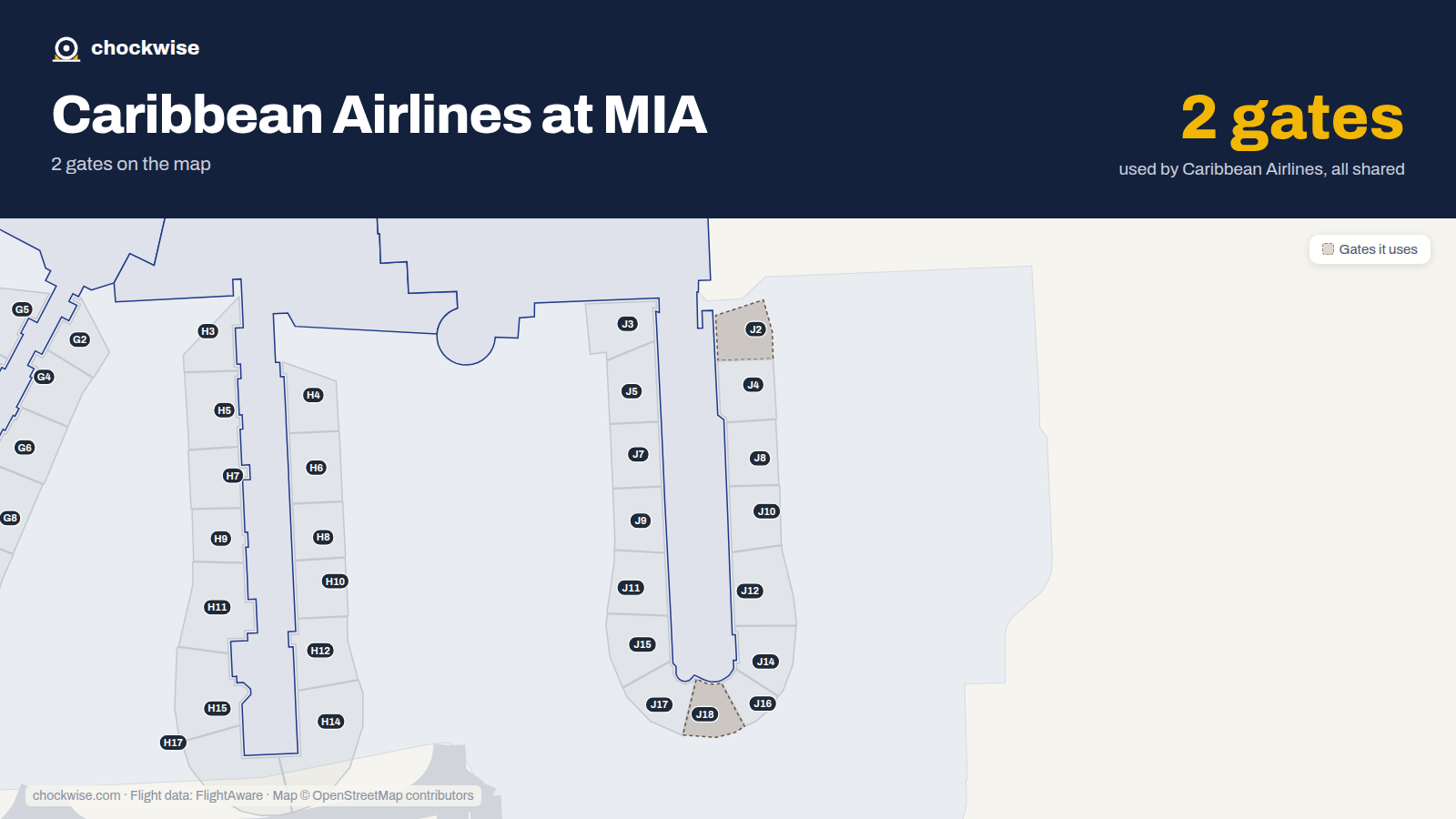 Map of MIA with the gates Caribbean Airlines uses highlighted: J2 and J18.