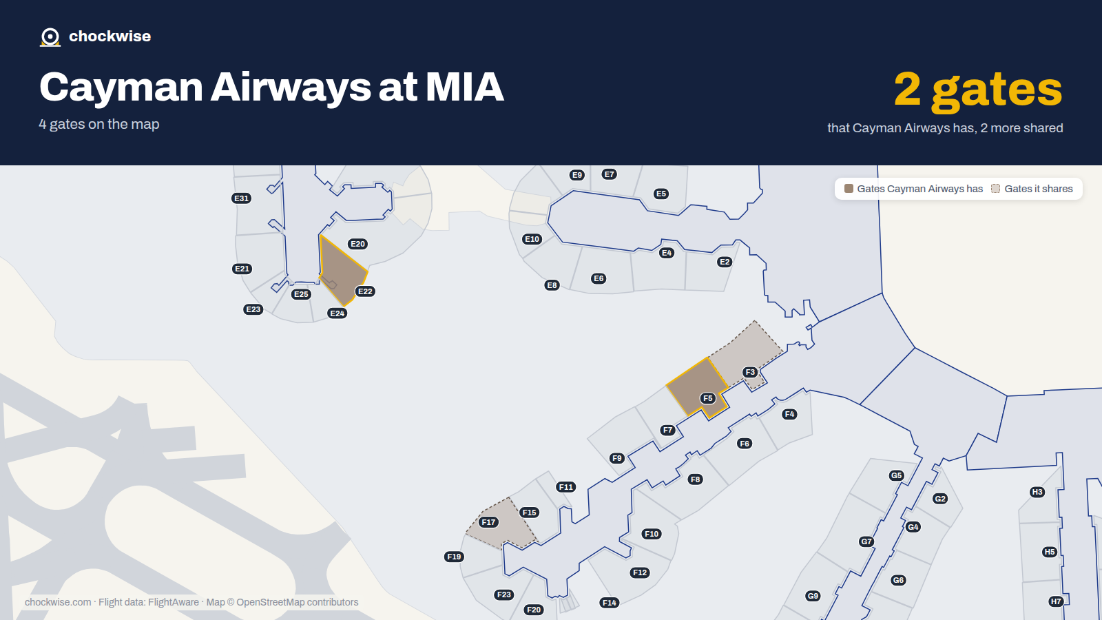 Map of MIA with the gates Cayman Airways uses highlighted: F5 and E22.
