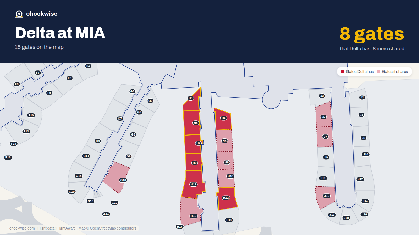 Map of MIA with the gates Delta Air Lines uses highlighted: H3, H4, H5, H7, H9, H11 and H12.
