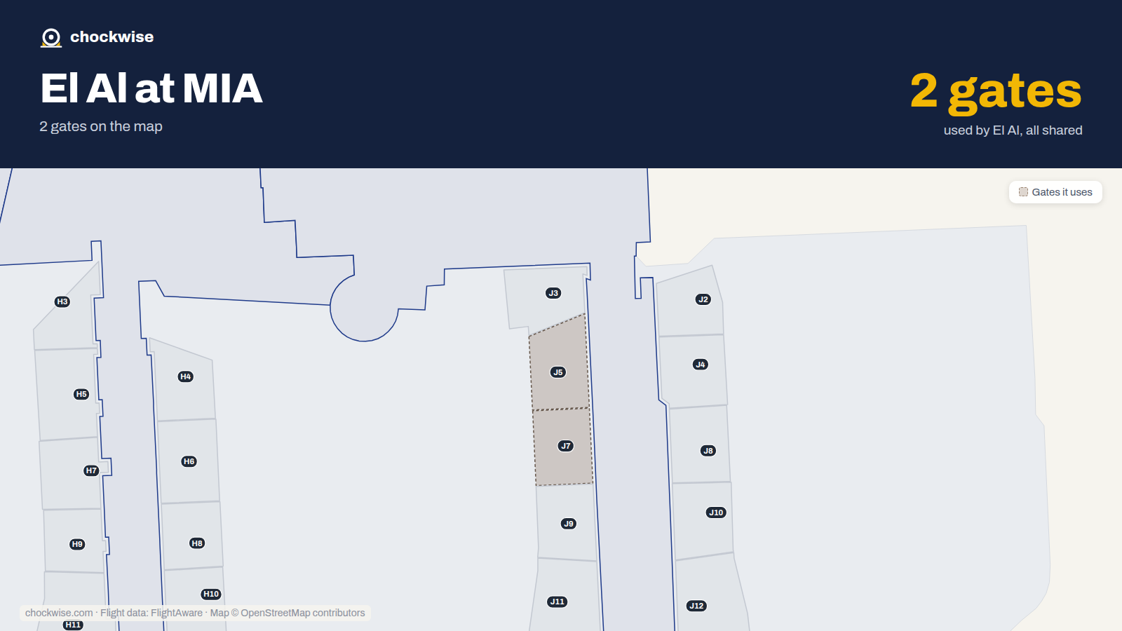 Map of MIA with the gates El Al uses highlighted: J5 and J7.