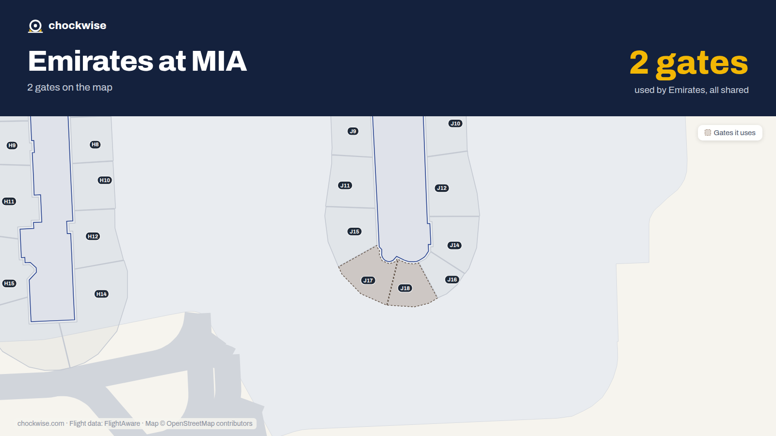 Map of MIA with the gates Emirates uses highlighted: J17 and J18.