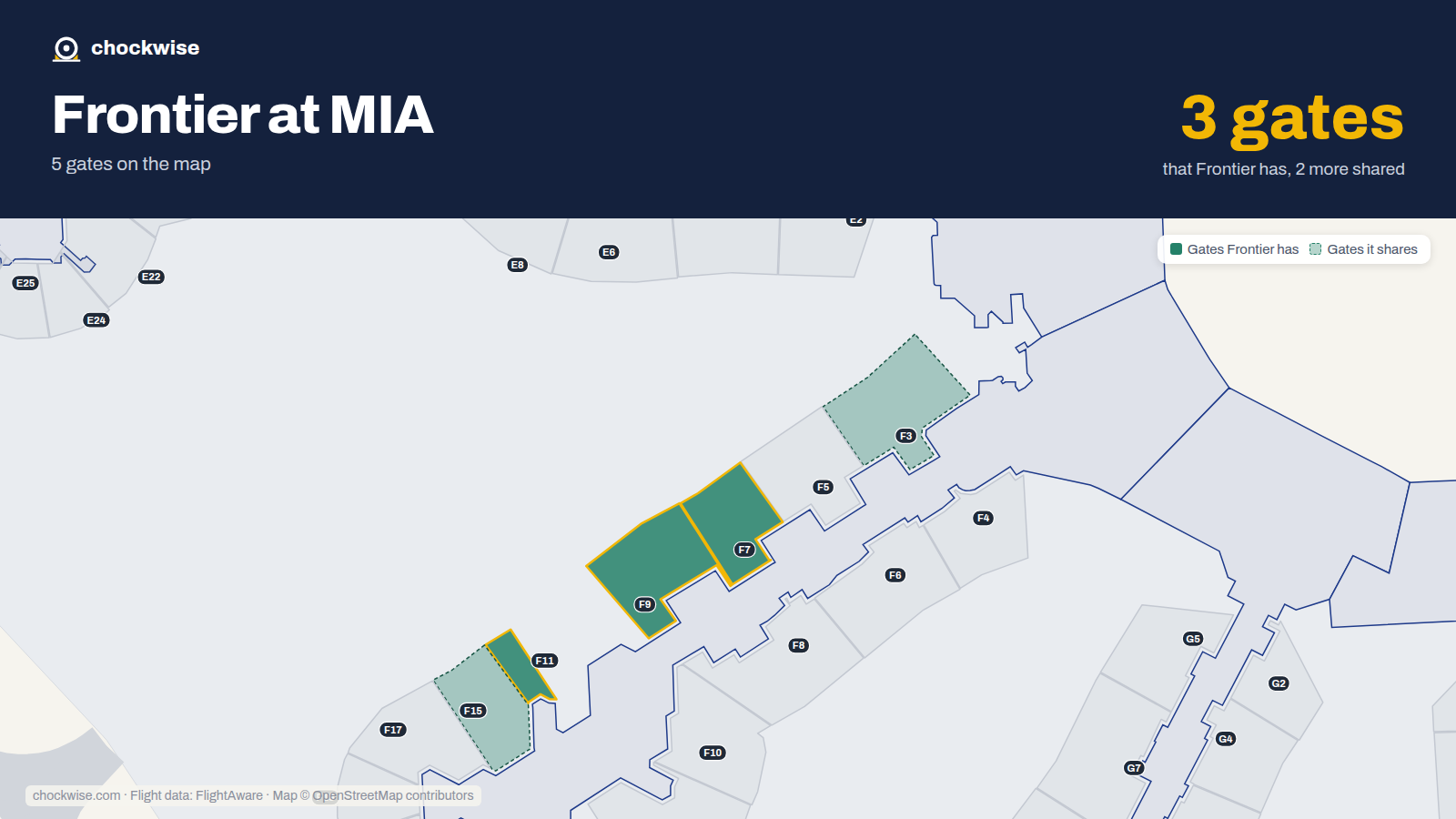 Map of MIA with the gates Frontier Airlines uses highlighted: F7, F9 and F11.