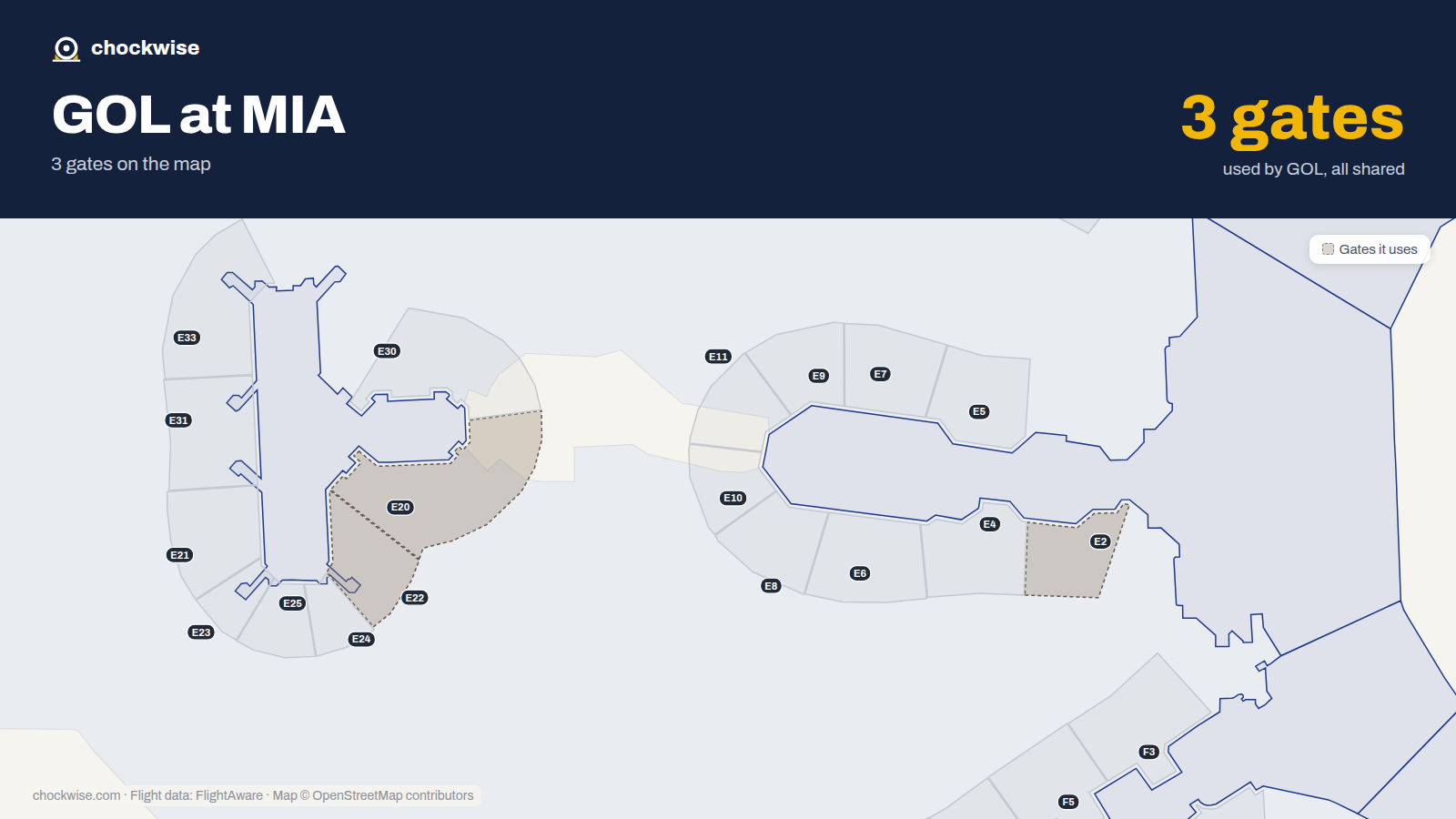 Map of MIA with the gates GOL Linhas Aéreas uses highlighted: E2, E20 and E22.