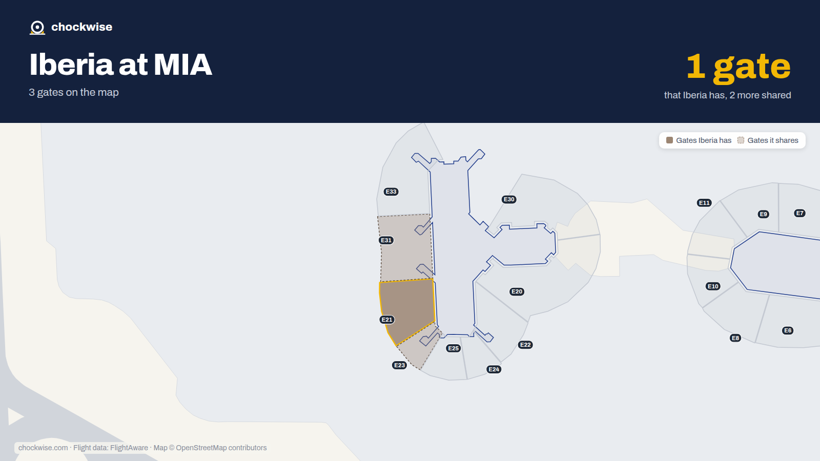 Map of MIA with the gates Iberia uses highlighted: E21.