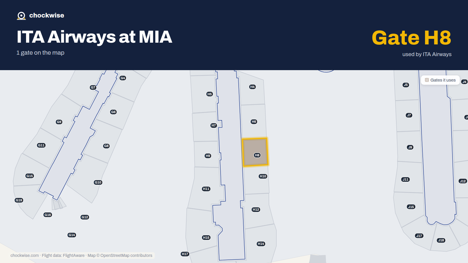 Map of MIA with the gates ITA Airways uses highlighted: H8.