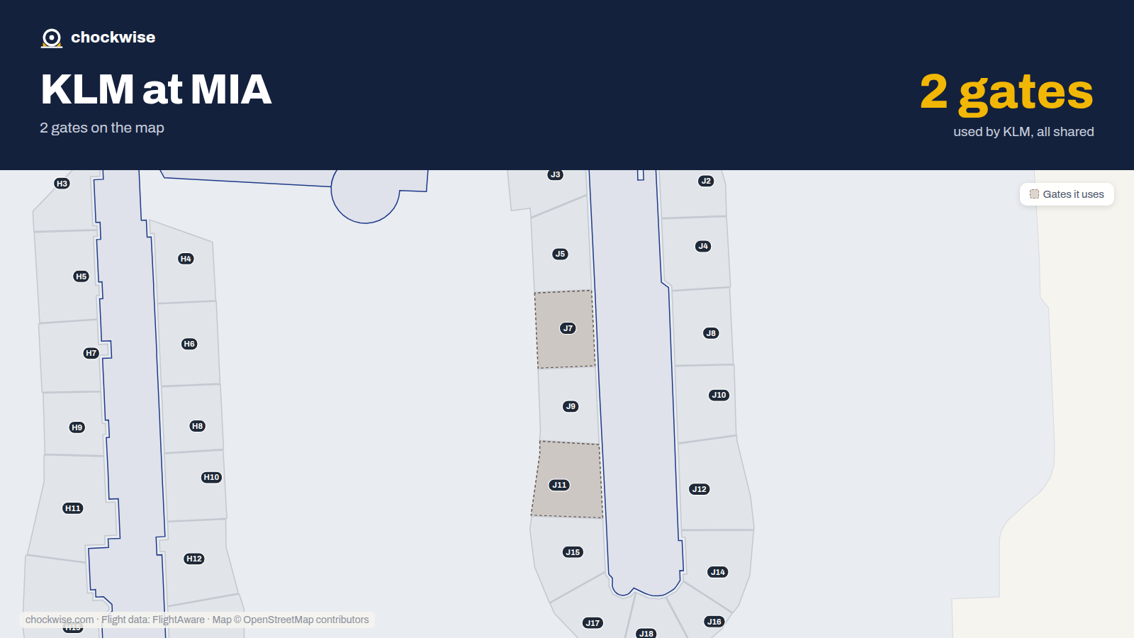 Map of MIA with the gates KLM uses highlighted: J7 and J11.