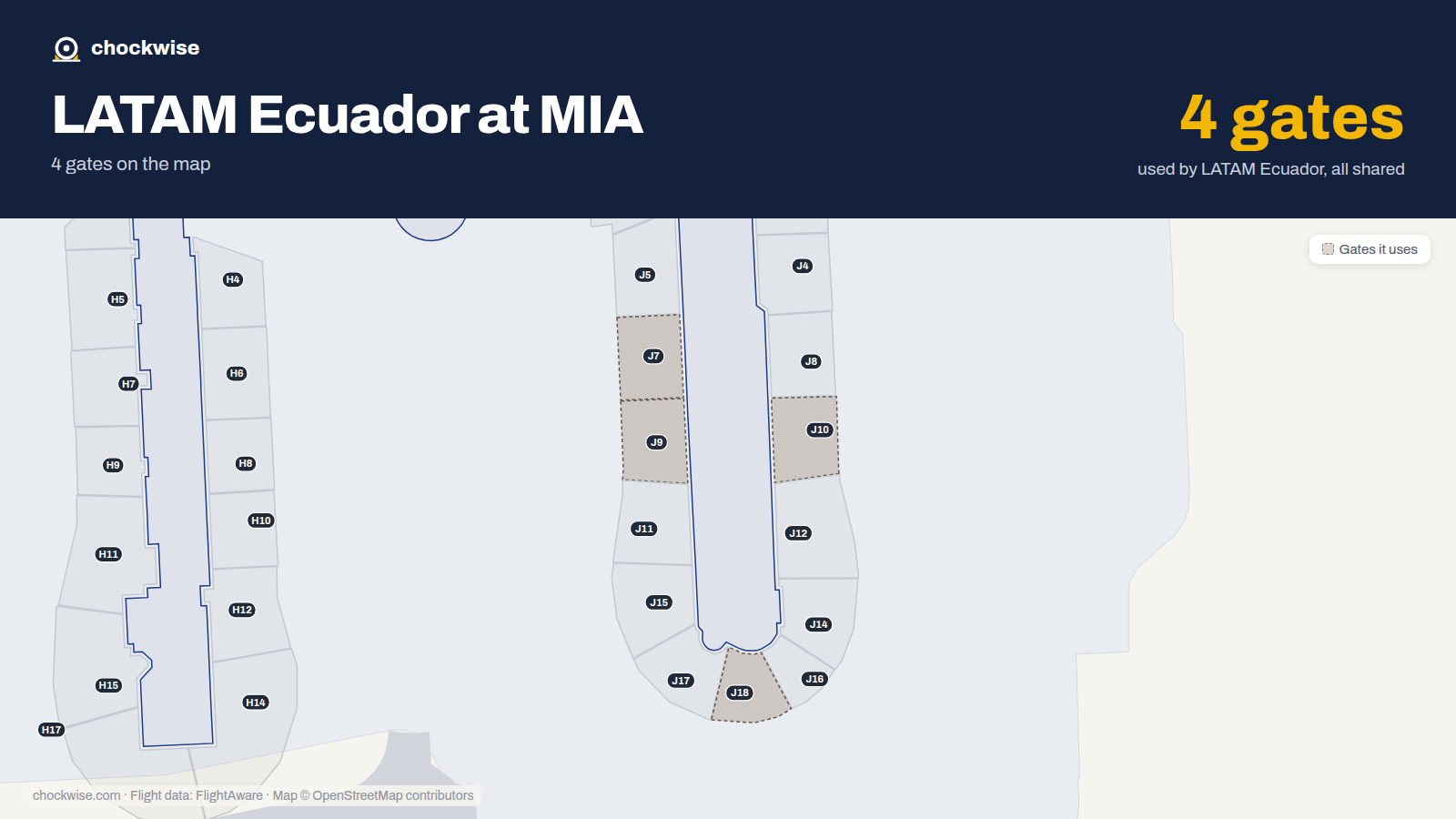 Map of MIA with the gates LATAM Airlines Ecuador uses highlighted: J7, J9, J10 and J18.