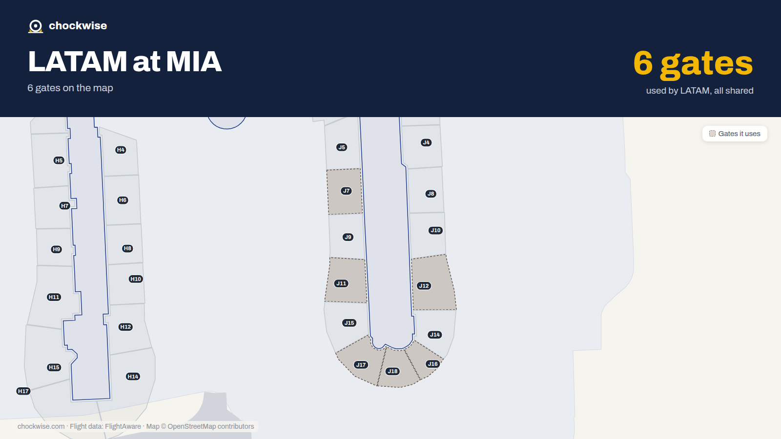Map of MIA with the gates LATAM Airlines uses highlighted: J7, J11, J12, J16, J17 and J18.