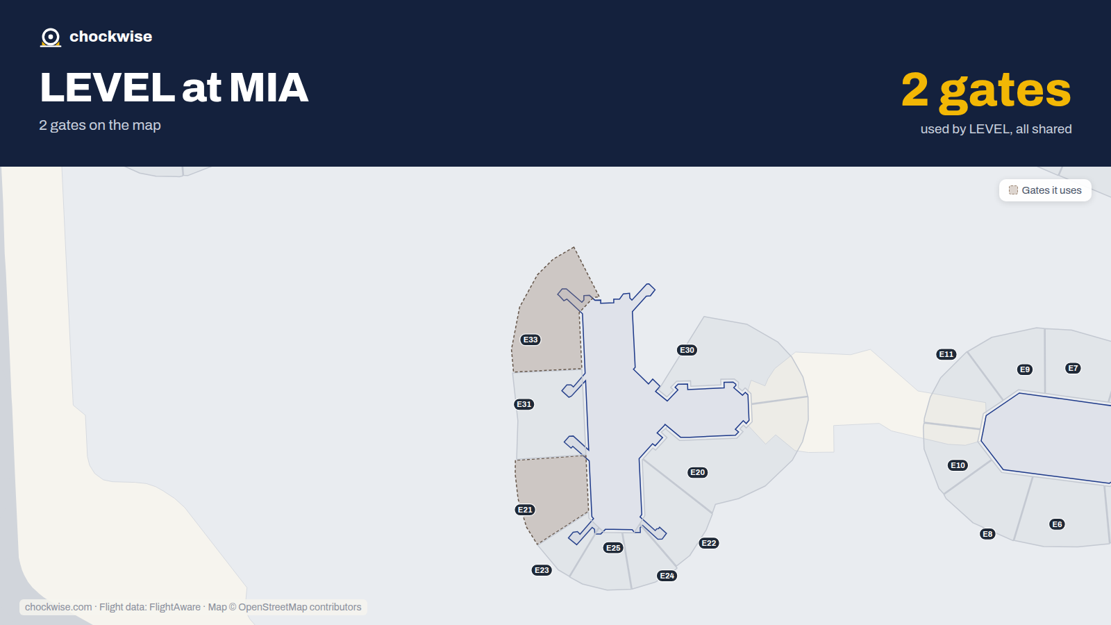 Map of MIA with the gates LEVEL uses highlighted: E21 and E33.