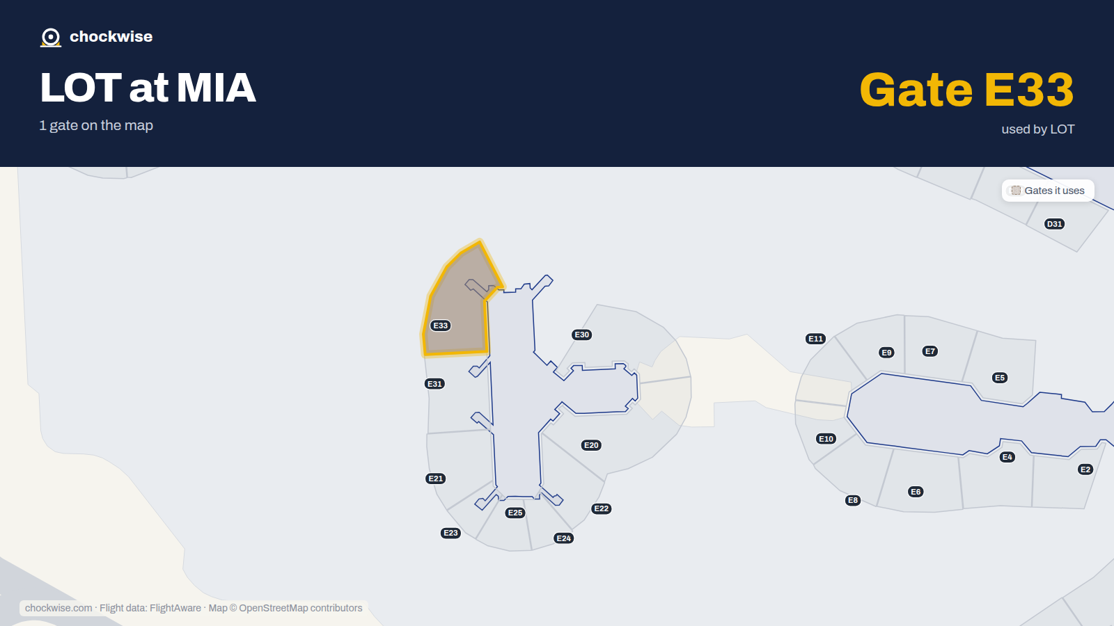 Map of MIA with the gates LOT Polish Airlines uses highlighted: E33.