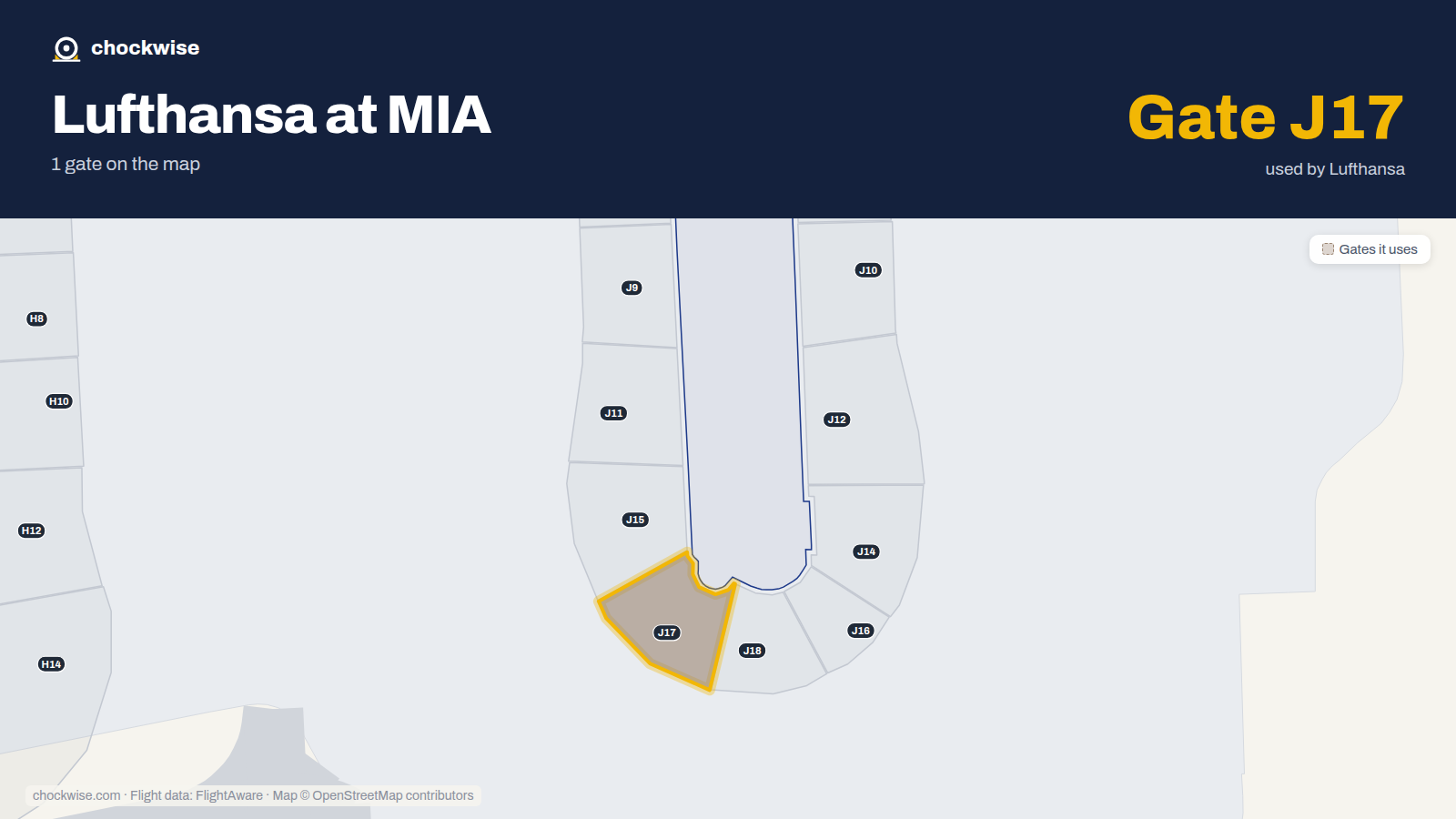 Map of MIA with the gates Lufthansa uses highlighted: J17.