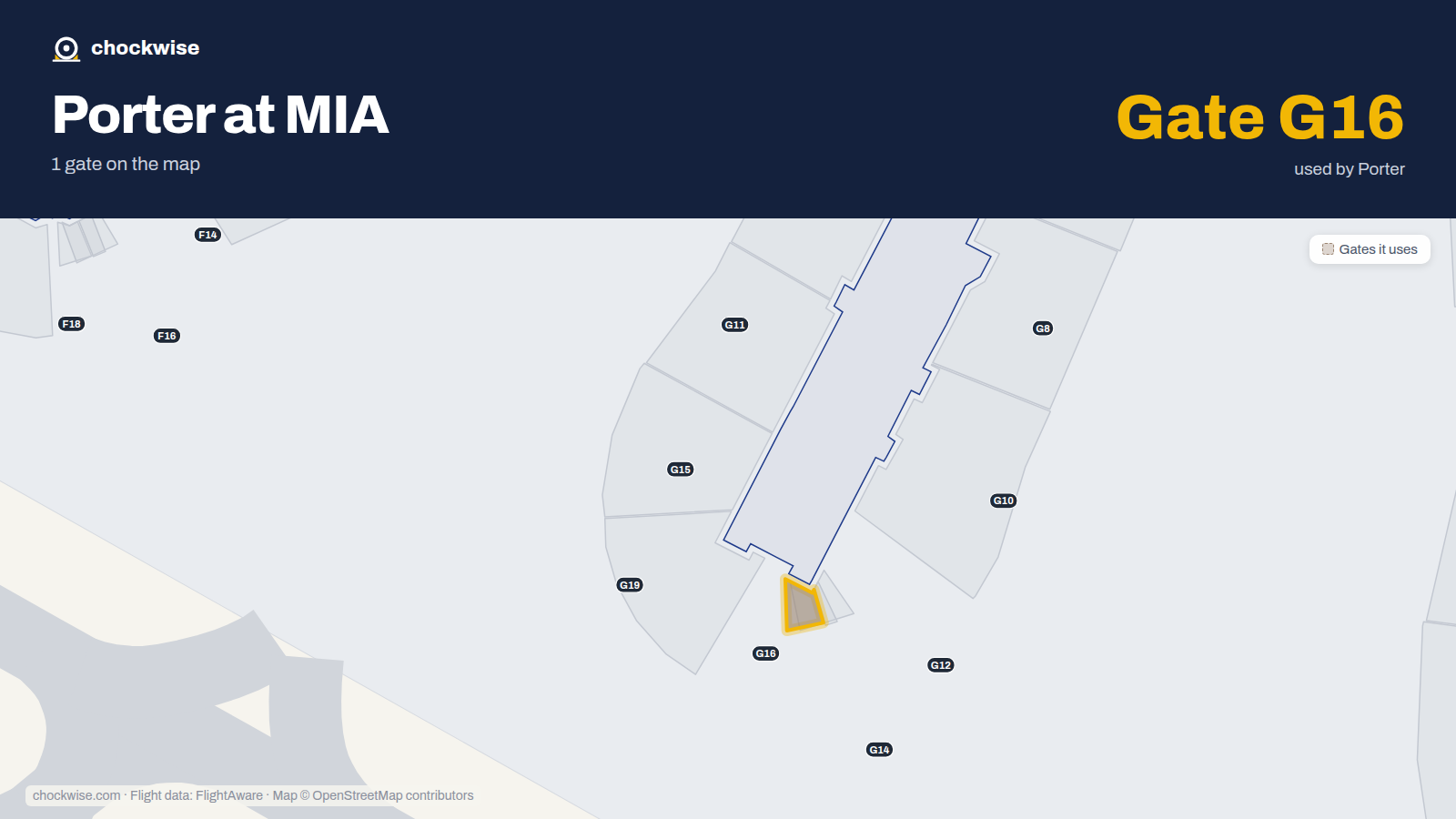 Map of MIA with the gates Porter Airlines uses highlighted: G16.