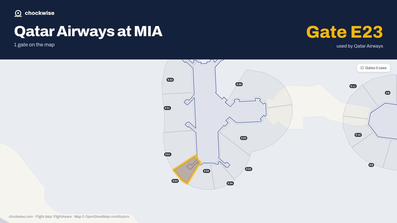 Map of MIA with the gates Qatar Airways uses highlighted: E23.