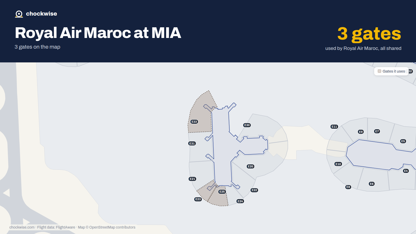 Map of MIA with the gates Royal Air Maroc uses highlighted: E23, E25 and E33.