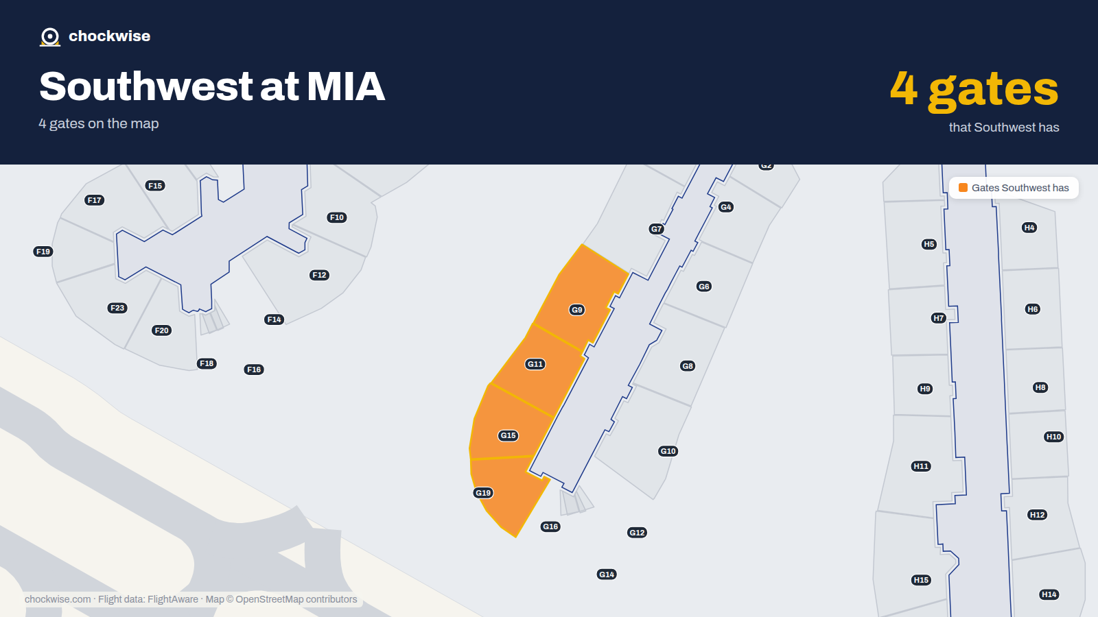 Map of MIA with the gates Southwest Airlines uses highlighted: G9, G11, G15 and G19.