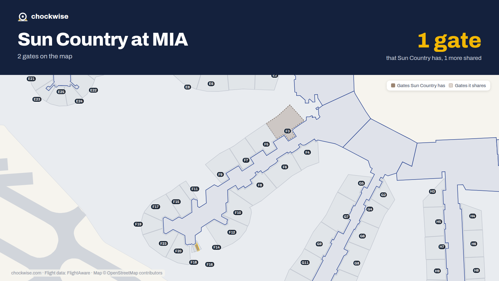 Map of MIA with the gates Sun Country Airlines uses highlighted: F14.