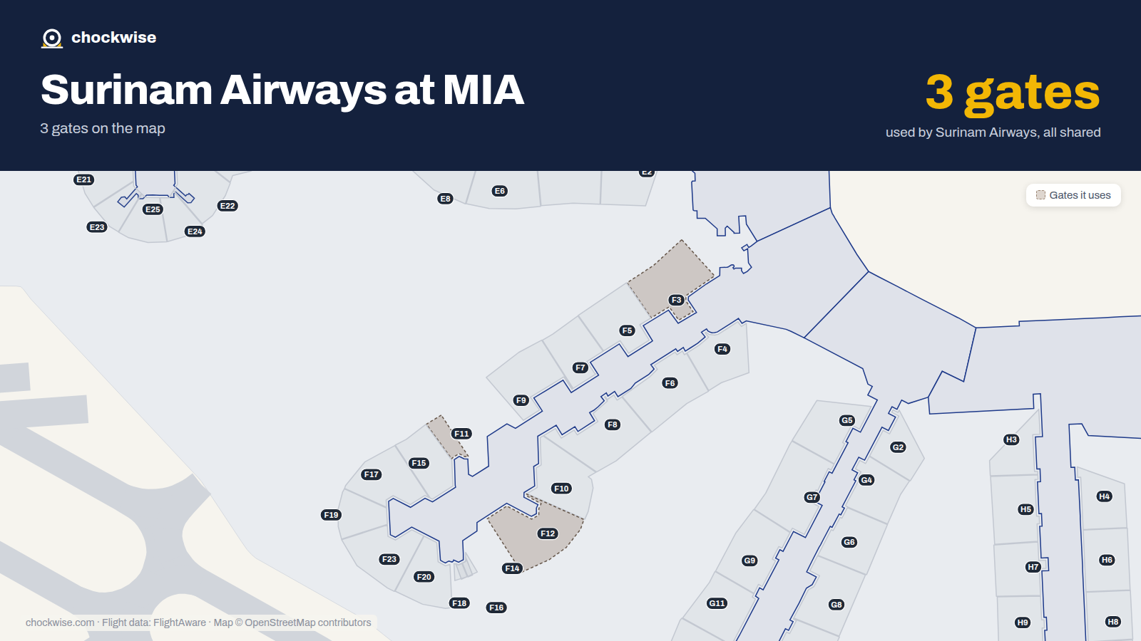 Map of MIA with the gates Surinam Airways uses highlighted: F3, F11 and F12.