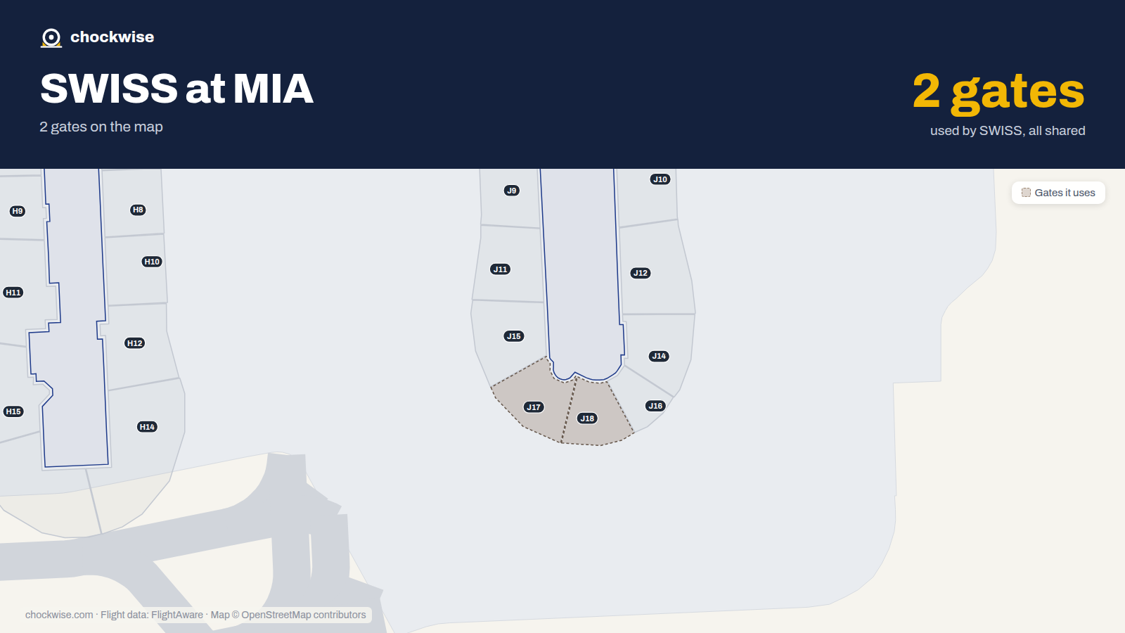 Map of MIA with the gates SWISS uses highlighted: J17 and J18.