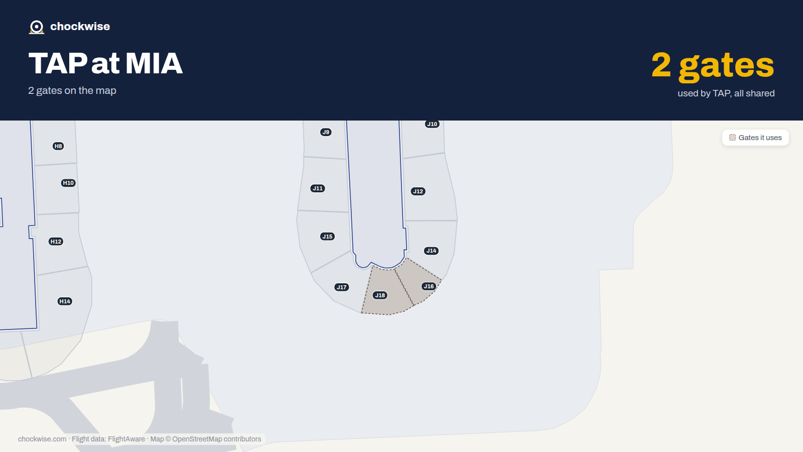 Map of MIA with the gates TAP Air Portugal uses highlighted: J16, J18, 42A, 43, 43A, 44, 45, 45A and 1 more.