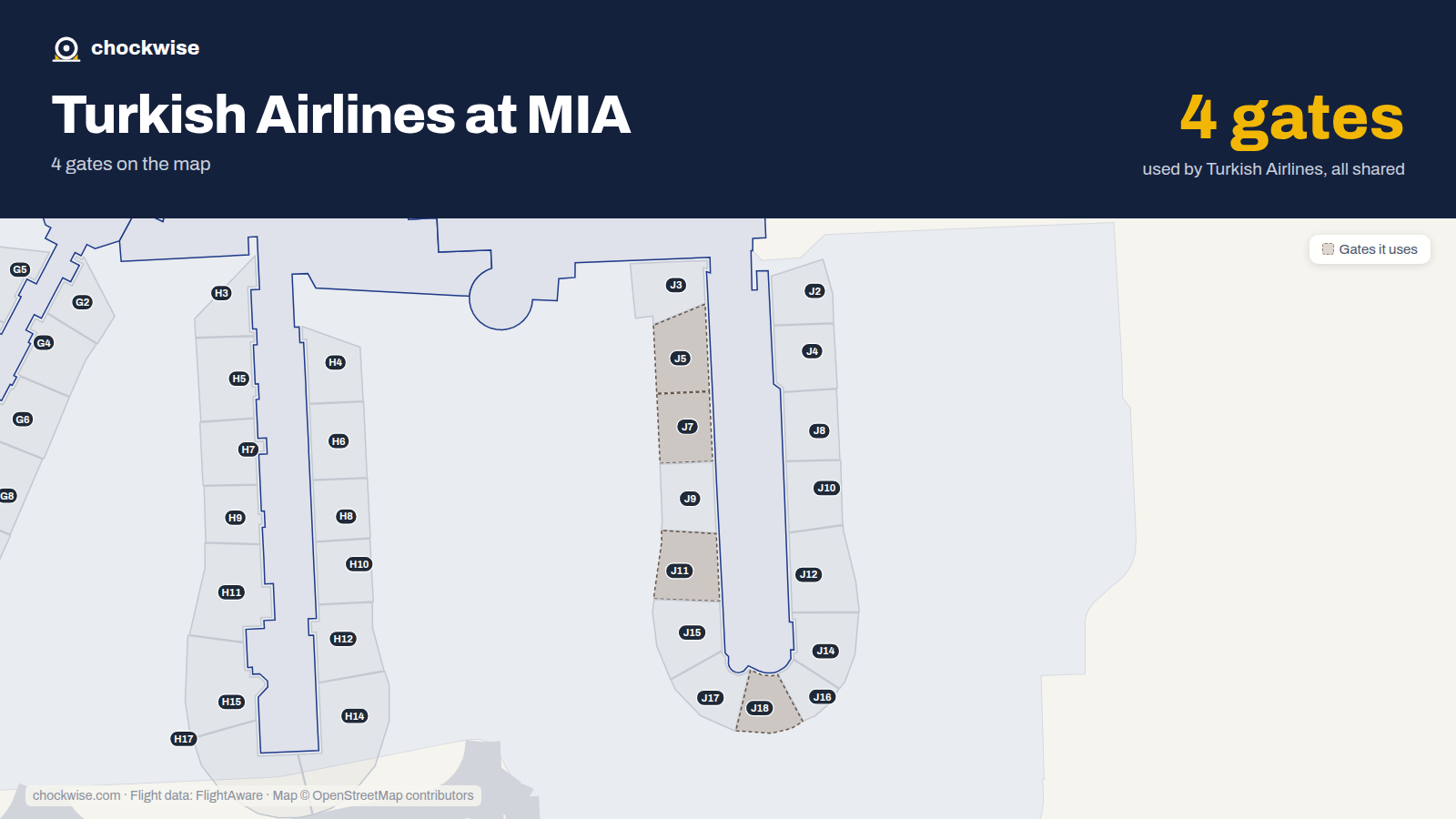 Map of MIA with the gates Turkish Airlines uses highlighted: J5, J7, J11 and J18.