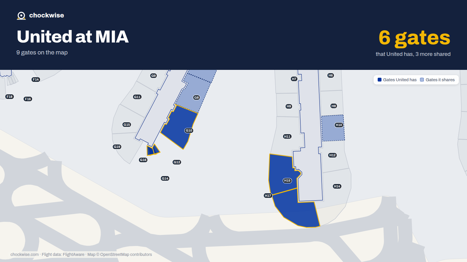 Map of MIA with the gates United Airlines uses highlighted: G10, G12, G14, H15, G16 and H17.