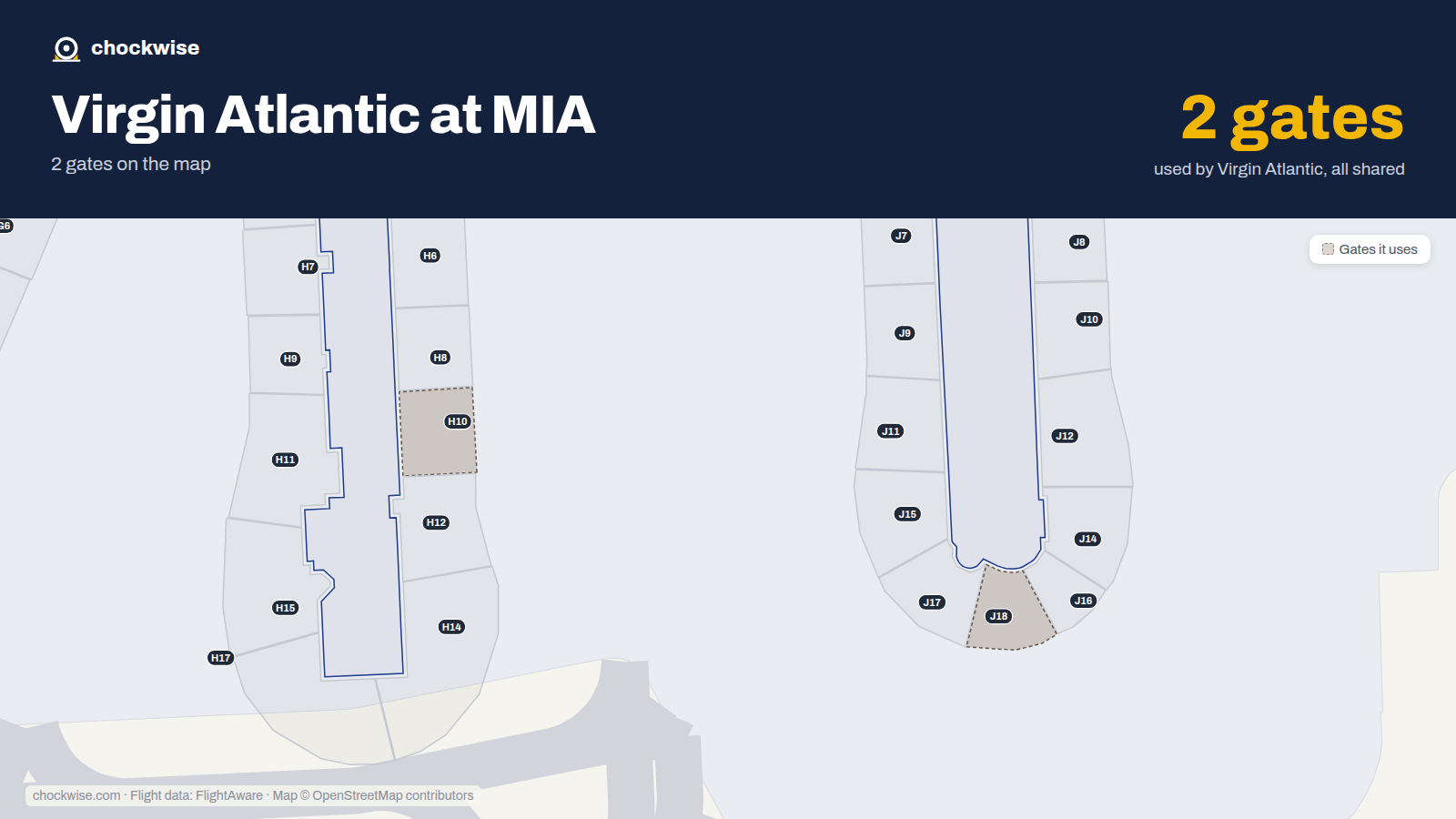 Map of MIA with the gates Virgin Atlantic uses highlighted: H10 and J18.