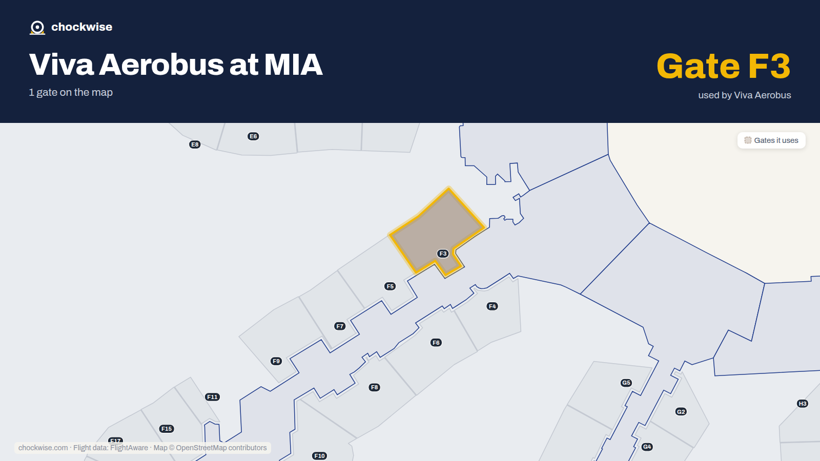 Map of MIA with the gates Viva Aerobus uses highlighted: F3.