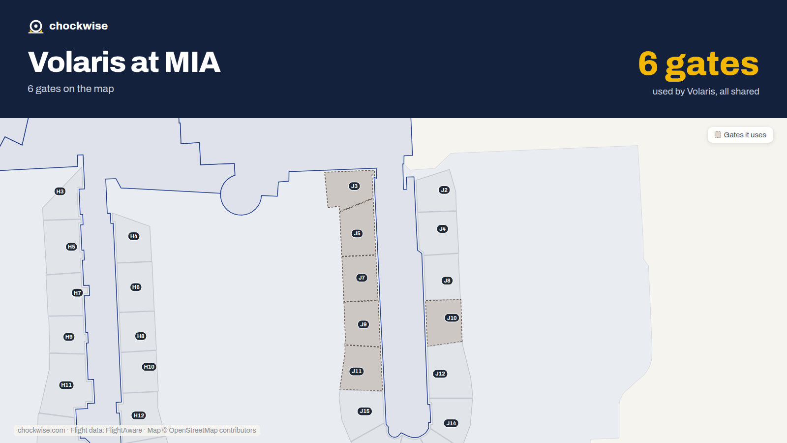 Map of MIA with the gates Volaris uses highlighted: J3, J5, J7, J9, J10 and J11.