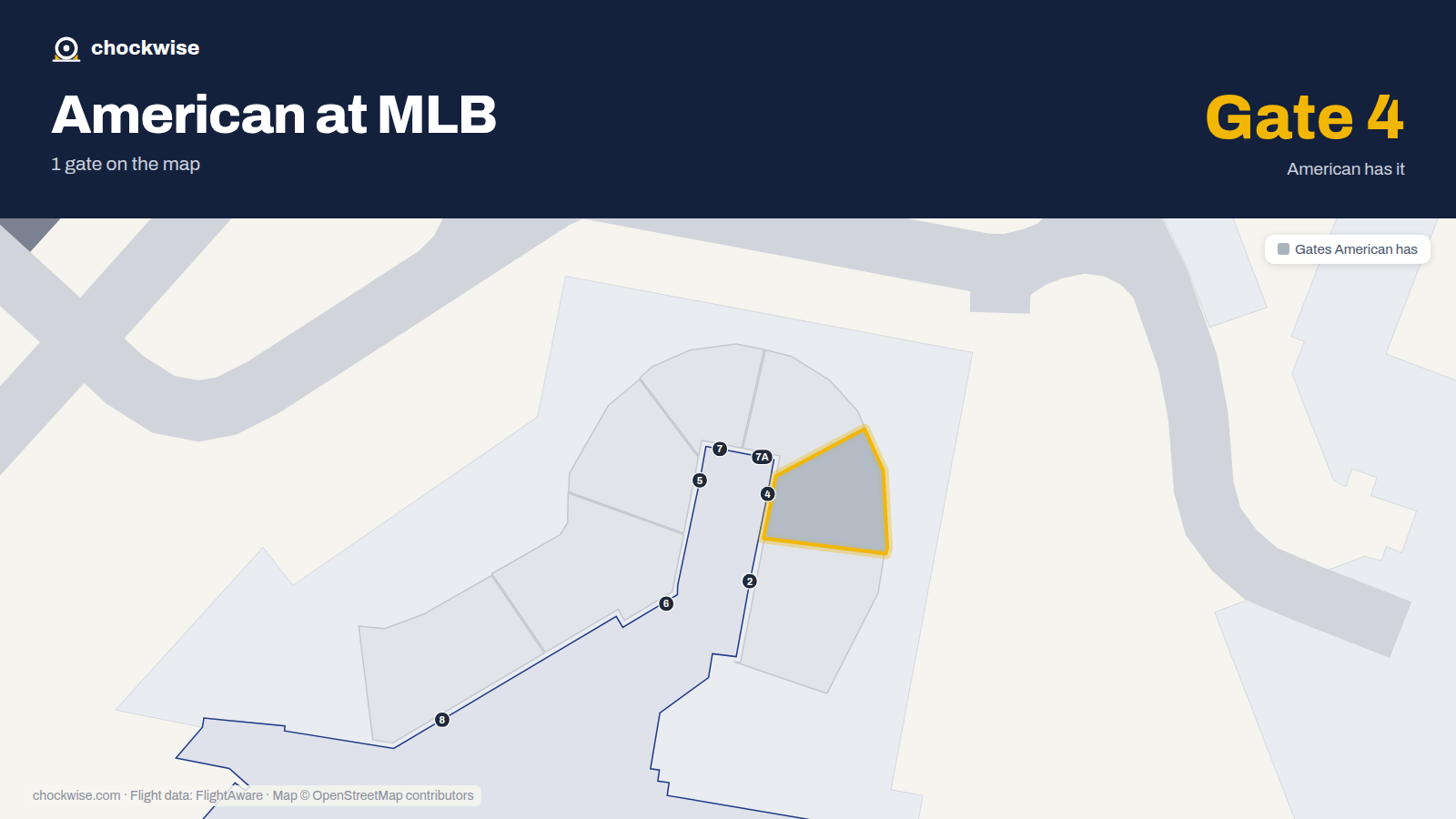 Map of MLB with the gates American Airlines uses highlighted: 4.